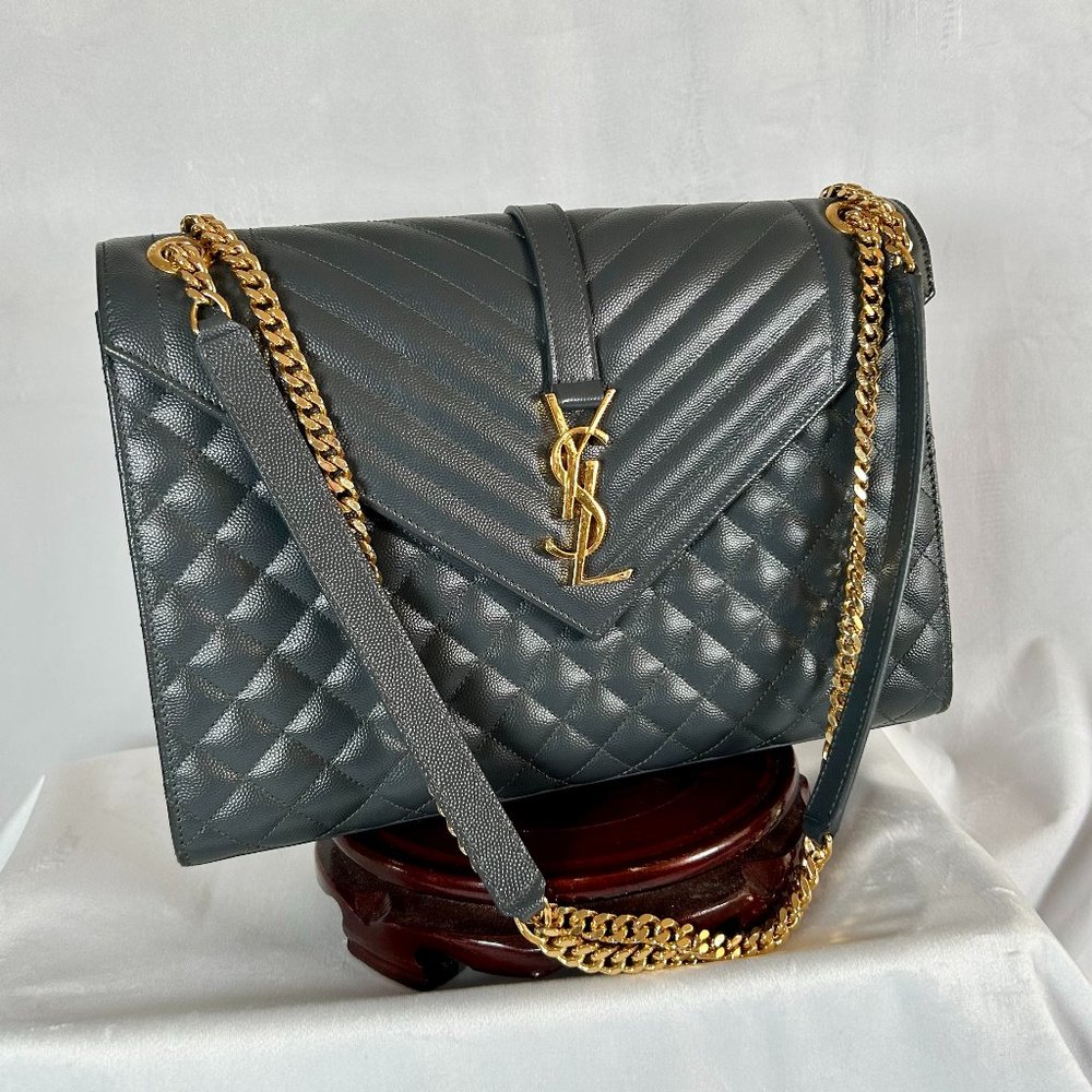 Saint Laurent YSL Large Grey Monogram Satchel Envelope Chain Shoulder Bag